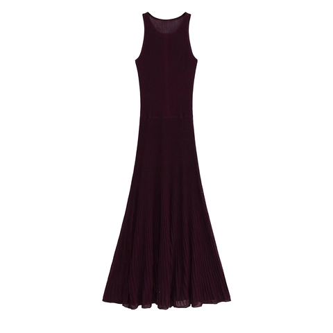 Ärmelloses Strick Maxikleid Rundhals Gerippt Einfarbig Weinrot Slim Fit Bodycon Elegant Lang Clubwear Für Damen