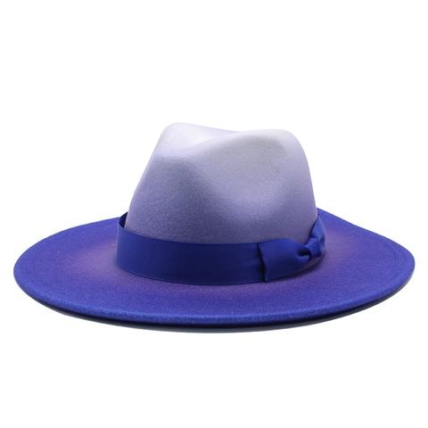 Vintage Gradient Wide Brim Wool Felt Fedora Hat Two-Tone Jazz Hat With Bow Ribbon Autumn Winter Warm Sun Hat