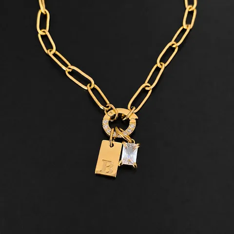 Roestvrijstalen Paperclip Ketting voor Dames Strass Initialen Letter Hanger Goud Zilver Verguld Sieraden Cadeau