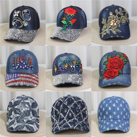 Gorra de Béisbol de Mezclilla Lavada Vintage Con Motivo Floral de Strass de Lujo Sombrero de Sol Ajustable Para Mujer