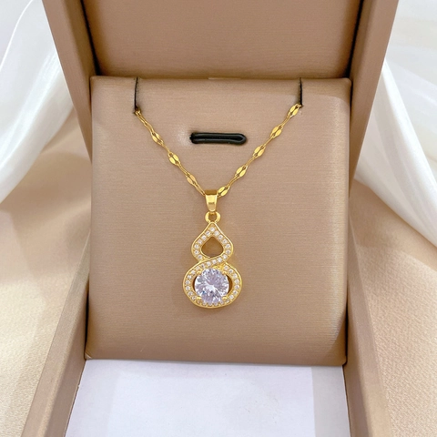 Collier À Pendentif Calebasse En Cuivre Et Chaîne En Acier Inoxydable Micro Pavé Zirconium Style Cour Élégant Pour Femme