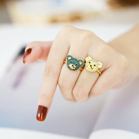 Teddy Bear Adjustable Open Ring Copper Gold Plated Zircon Pavé Cute Animal Jewelry For Women Girls
