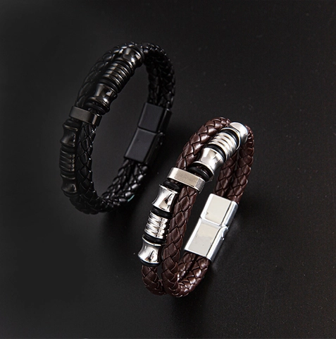 Men Braided Leather Bracelet With 316 Stainless Steel Magnetic Clasp Multilayer Woven Punk Vintage Casual Jewelry