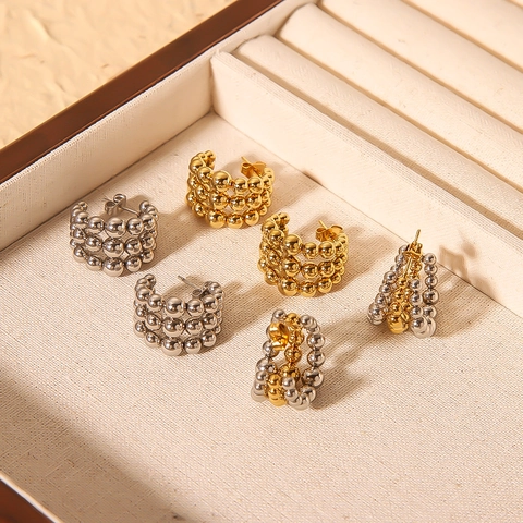 Triple Row Beaded Hoop Earrings 18K Gold Plated Stainless Steel C Shape Ball Design Fashion Jewelry For Women