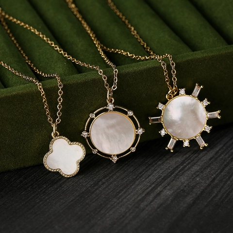 Klavertje Geometrische Hanger Ketting Koper Verguld Witte Schelp Zirkoon Sieraden Voor Dames