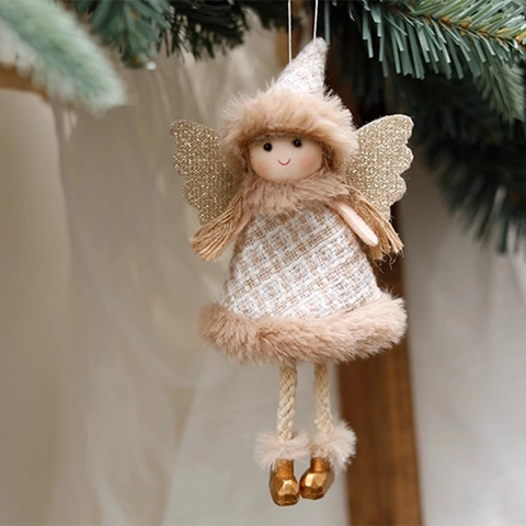 Ornamento Da Appendere Bambola Angelo Di Natale Tweed Peluche Pelliccia Sintetica Ali Di Paillettes Dorate Decorazione Albero Regalo