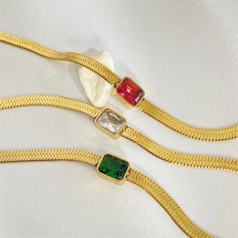 Collier Chaîne Serpent En Acier Inoxydable Plaqué Or 18K Avec Pendentif Rectangle En Zircon Pour Femme Bijoux