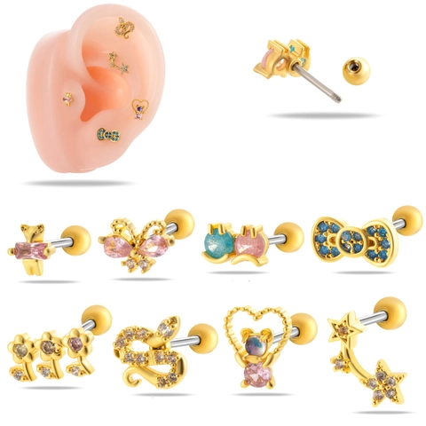 Fashion Zircon Inlaid Cartilage Piercing Ear Studs Copper Jewelry Stainless Steel Earring Post Versatile Women Accessory