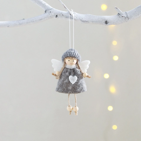 Handmade Christmas Angel Ornament Knitted Hat Girl Pendant Felt Heart Wings Hanging Decor For Christmas Tree Home Party