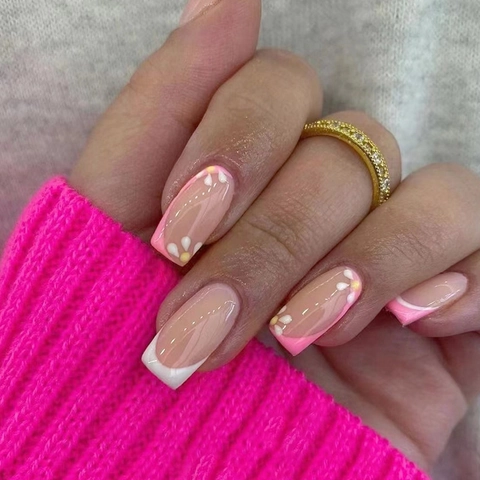 French Tip Daisy Flower Press On Nails Mid Long Square Fake Nails Sweet Girly Pink White Glossy Art Manicure Decor