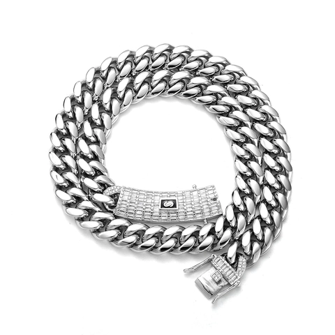 Collana Catena Cuban Link Acciaio Inossidabile Con Chiusura Zirconia In Rame Iced Out Hip Hop Streetwear Uomo