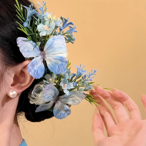 Elegante Molletta Per Capelli Farfalla Fiore In Tessuto Fatta A Mano Clip Becco D'Anatra Blu Verde Accessorio Per Donne