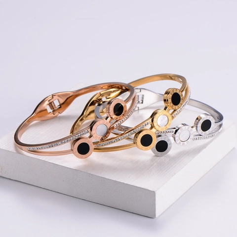 Brazalete De Acero Inoxidable Números Romanos Incrustación De Concha Zircón Joyería Para Mujer Moda Elegante