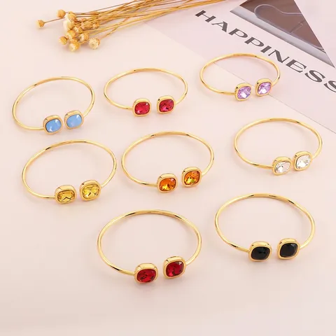 Minimalist Stainless Steel Open Cuff Bangle For Women With Square Glass Gemstones Geometric Aesthetic Luxury Jewelry