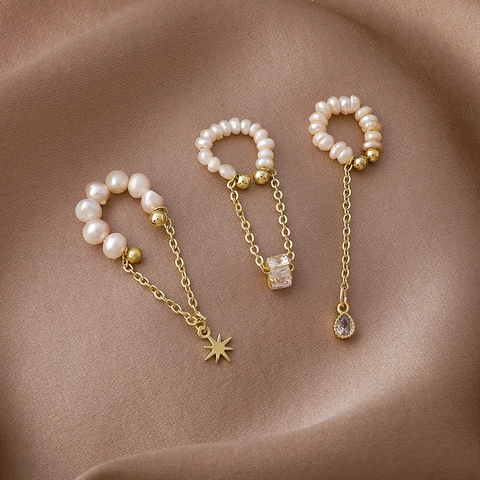 Eleganti Ear Cuffs Con Perle D'acqua Dolce Per Orecchie Non Forate Lega Dorata Nappa A Catena Lunga Zircone Stile Coreano
