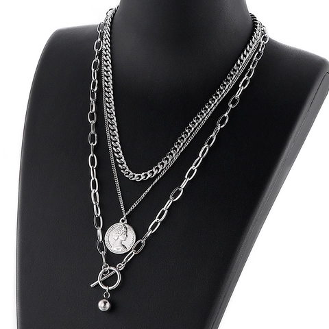 Mehrlagige Halskette Edelstahl Münze Porträt Anhänger Vintage Knebelverschluss Kette Schmuck Für Damen
