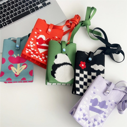 Mini Borsa A Tracolla In Maglia Per Cellulare Donne Ragazze Cartone Animato Panda Gatto Cuore Leggera Portatile