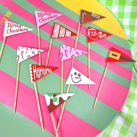 Christmas Cake Toppers Merry Christmas Paper Flags Wooden Sticks Acrylic Decorations For Dessert Holiday Party Supplies