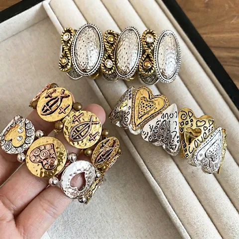 Bracciale Elastico Largo In Lega Retro Bohemian Da Donna Cuore Croce Religiosa Lettera Incisa Tono Oro Argento Oro Rosa