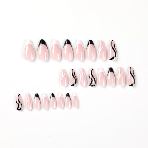Künstliche Fingernägel Mandelform Französisch Schwarz Weiß Tipps Rosa Basis Abstrakte Wellenlinien Glänzend Minimalistisch Mode Für Frauen