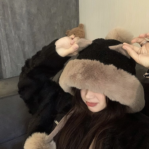 Women Cute Animal Ear Plush Trapper Hat Winter Warm Faux Fur Lined Ear Protection Hat With Pom Poms Knitted Beanie Cap