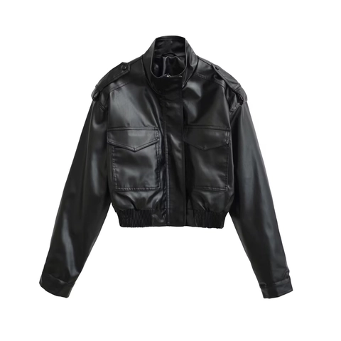 Women Faux Leather Jacket PU Stand Collar Short Cropped Aviator Coat With Cargo Pockets Streetwear Outerwear