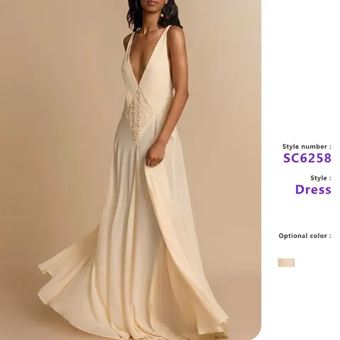 Maxi Dress Deep V Neck Backless Lace Patchwork Sleeveless Hollow Out Polyester Elegant Solid Color Women Wedding Party