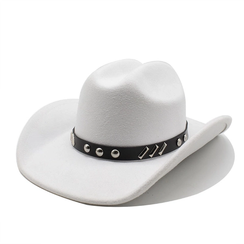 Unisex Western Cowboyhoed Brede Rand Vilt Fedora Hoed Met Leren Nagelband Outdoor Zonbescherming Hoed Voor Heren Dames