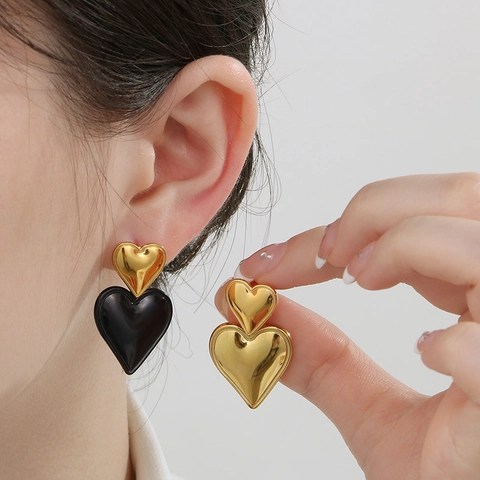Boucles D'oreilles Cœur En Acier Inoxydable Double Empilées Bicolores Or Argent Color Block Puces Pour Femmes