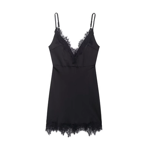 Camicia Da Notte In Raso Da Donna Con Bordo In Pizzo Scollo A V Spalline Sottili Regolabili Mini Vestito Sexy