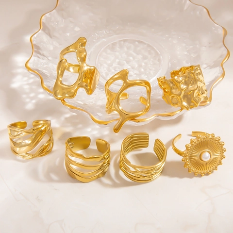 Edelstahlringe Für Frauen 18K Vergoldet Verstellbarer Offener Fingerring Irreguläre Lava-Textur Künstliche Perle Schmuck Geschenk