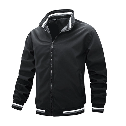 Chaqueta Bomber de Poliéster para Hombre Cuello Alto Resistente al Viento Casual Deportivo Abrigo con Ribete de Rayas Piloto