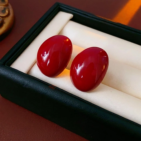 Red Enamel Stud Earrings With Silver Earring Post Geometrical Retro Glossy Alloy Jewelry For Women Elegant Chic