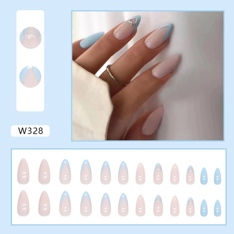 Press On Nails French Tip Lunghe Forma Mandorla Blu Chiaro Rosa Nude Design Cuore Unghie Artificiali Lucide Per Donne