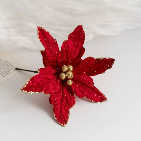 Kunstmatige Kerstster Bloemen Kerst Glitter Fluweel Stof Vakantie Ornamenten Voor Boom DIY Krans Decor Elegante Huisfeest