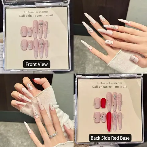 Handgefertigte Aufdrucknägel Harz Lange Mandel Pink Weißer Farbverlauf Silberne Kreuzanhänger Strass Künstliche Perle Süßer Gothic Stil