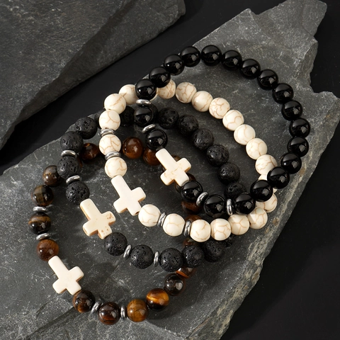 Braccialetti Di Perline Occhio Di Tigre Pietra Lavica Turchese Bianco Ossidiana Con Croce Elastico Gioielli Per Uomini Donne