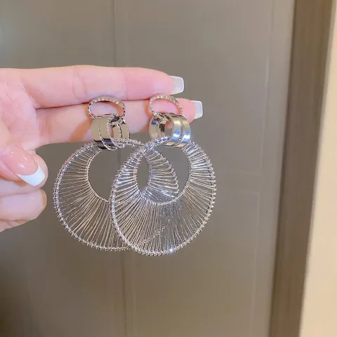 Grote Ronde Creolen Met Zilveren Oorknopje Metaaldraadwikkeling Uitgehold Overdreven Sieraden Voor Dames