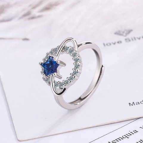 Planeet Ster Open Ring Voor Vrouwen Koper Verzilverd Blauw Strass Verstelbare Saturnus Ring Minimalistische Sieraden Cadeau