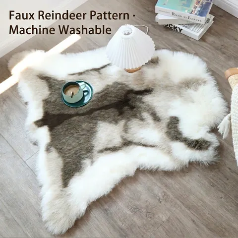 Faux Reindeer Fur Area Rug Acrylic Plush Carpet Suede Bottom Machine Washable Decorative Irregular Shag Mat For Living Room