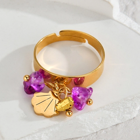 Titanium Steel Open Ring For Women Niche Design Purple Crushed Stone Shell Pendant Adjustable Gold Finger Ring Jewelry Gift