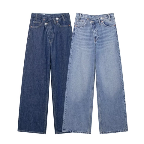 Jeans Da Donna Con Vita Asimmetrica Gamba Larga Vita Alta Pantaloni In Denim Incrociati Moda Streetwear Casual Pantaloni Lunghi