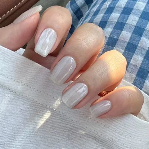 Ψεύτικα Νύχια Press On Artificial Pearl White Cat Eye Γυαλιστερά Τετράγωνα Στρογγυλά Τεχνητά Νύχια Με Εφέ Λάμμης Κομψό Μανικιούρ