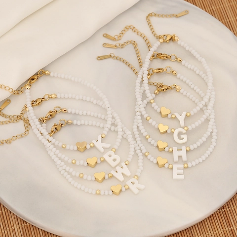 Bracciale Perline Cristallo Bianco Conchiglia Donna Lettera Iniziale Alfabeto Ciondolo Cuore Oro Acciaio Inossidabile