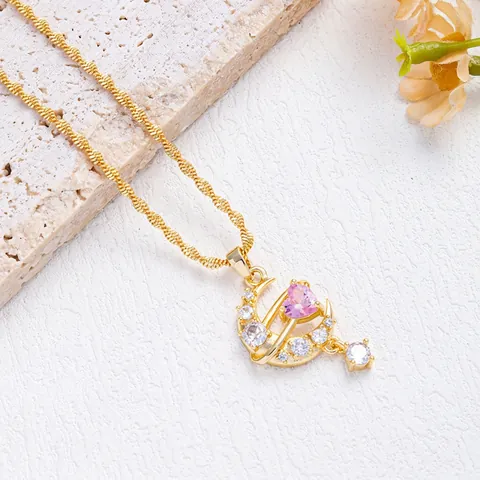 Titanstahl Rosa Zirkonia Herz Mond Anhänger Halskette Leichter Luxus Süß Planet Stern Eingelegt Schlüsselbeinkette Damen Schmuck