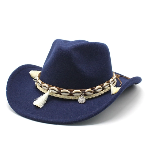 Sombrero Fedora Cowboy Western Fieltro Lana Ala Ancha Boho Decoración Concha Borla Moneda Metal Vintage Jazz Hombre Mujer
