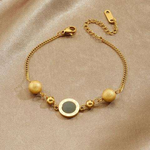 Pulsera De Acero Inoxidable Cadena Chapada En Oro Colgante Disco Números Romanos Cuentas Pulidas Mate Joyería Mujer