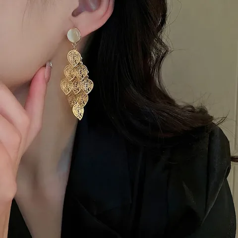 Hollow Leaf Tassel Long Drop Earrings With Cat's Eye Stone And 925 Sterling Silver Earring Post Retro Alloy Jewelry