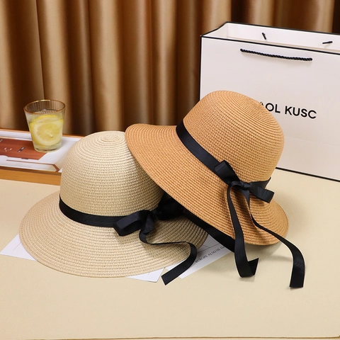 Women's Wide Brim Paper Straw Sun Hat Breathable UV Protection Beach Vacation Elegant Ribbon Bow