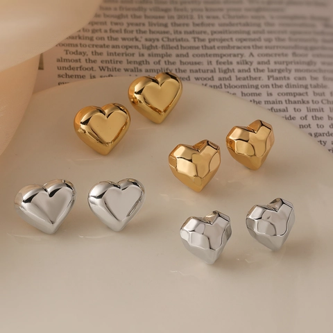 Heart Stud Earrings Copper Real Gold Plated Geometric Faceted Smooth Minimalist Retro Jewelry For Women Elegant Accessory